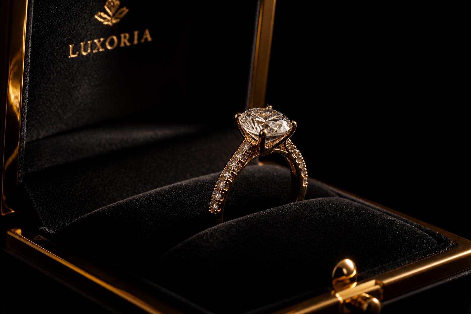 Diamond ring resting on black velvet inside a gold display case